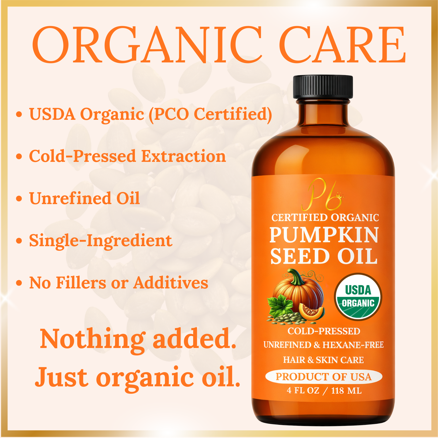 Pomberries USDA Organic Pumpkin Seed Oil 4 fl oz – Cold-Pressed, Unrefined – Hair & Skin Oil – Glass Bottle – Product of USA