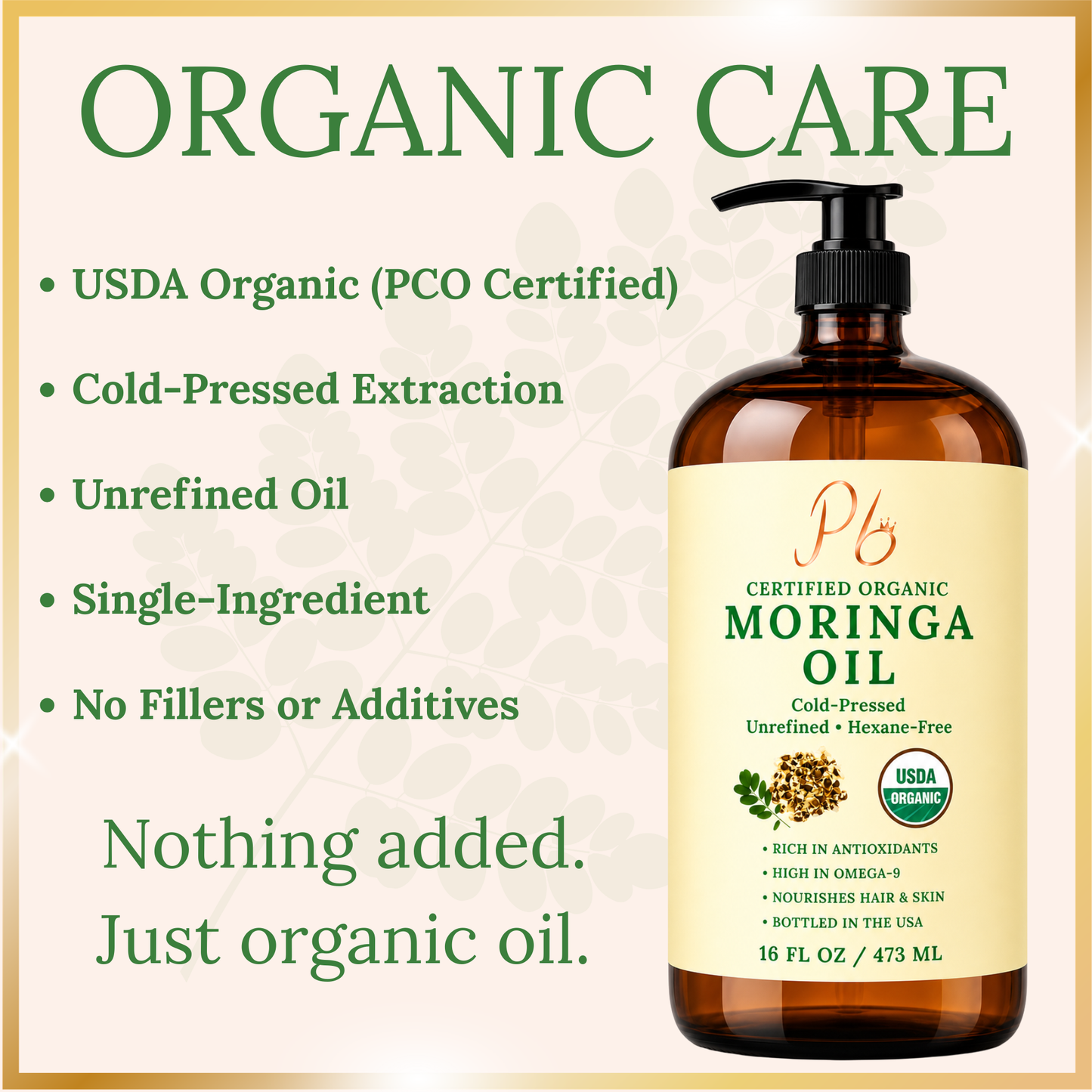Pomberries USDA Organic Moringa Oil 16 fl oz – Cold-Pressed, Unrefined, Hexane-Free – Hair & Skin Oil – Glass Bottle with Pump – Bottled in USA
