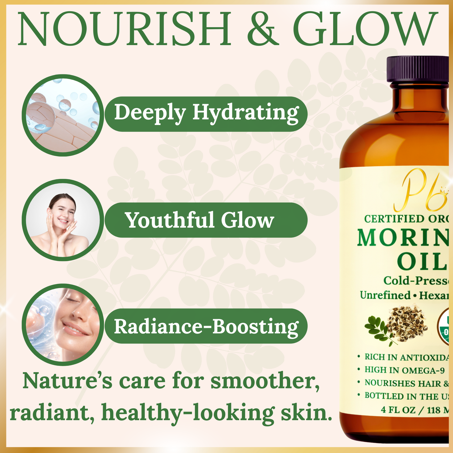 Pomberries USDA Organic Moringa Oil 4 fl oz – Cold-Pressed, Unrefined Moringa Seed Oil for Hair & Skin – Glass Bottle