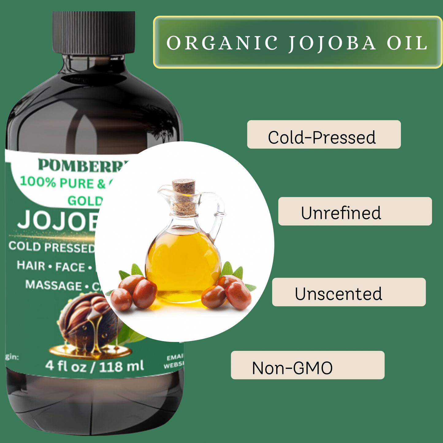 Premium Organic Cold Pressed Unrefined Golden Jojoba Oil - 100% Pure & Natural - Hydrating Facial & Body Moisturizer - Hair & Scalp Treatment - Skin Care & Massage, Carrier Oil 4 fl oz Glass Bottle