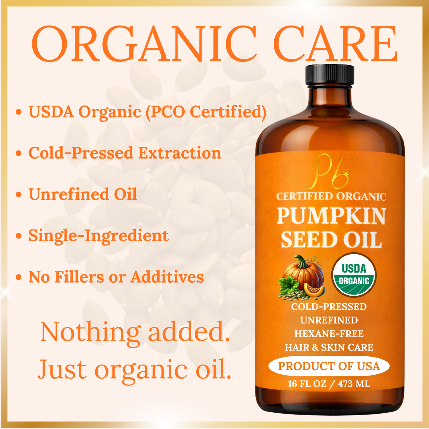 Pomberries Organic Pumpkin Seed Oil 16 fl oz Glass Bottle with Pump | USDA Certified | 100% Pure, Unrefined, Cold Pressed | Grown, Harvested & Bottled in USA | Moisturizer for Hair Growth, Dry Skin & Face