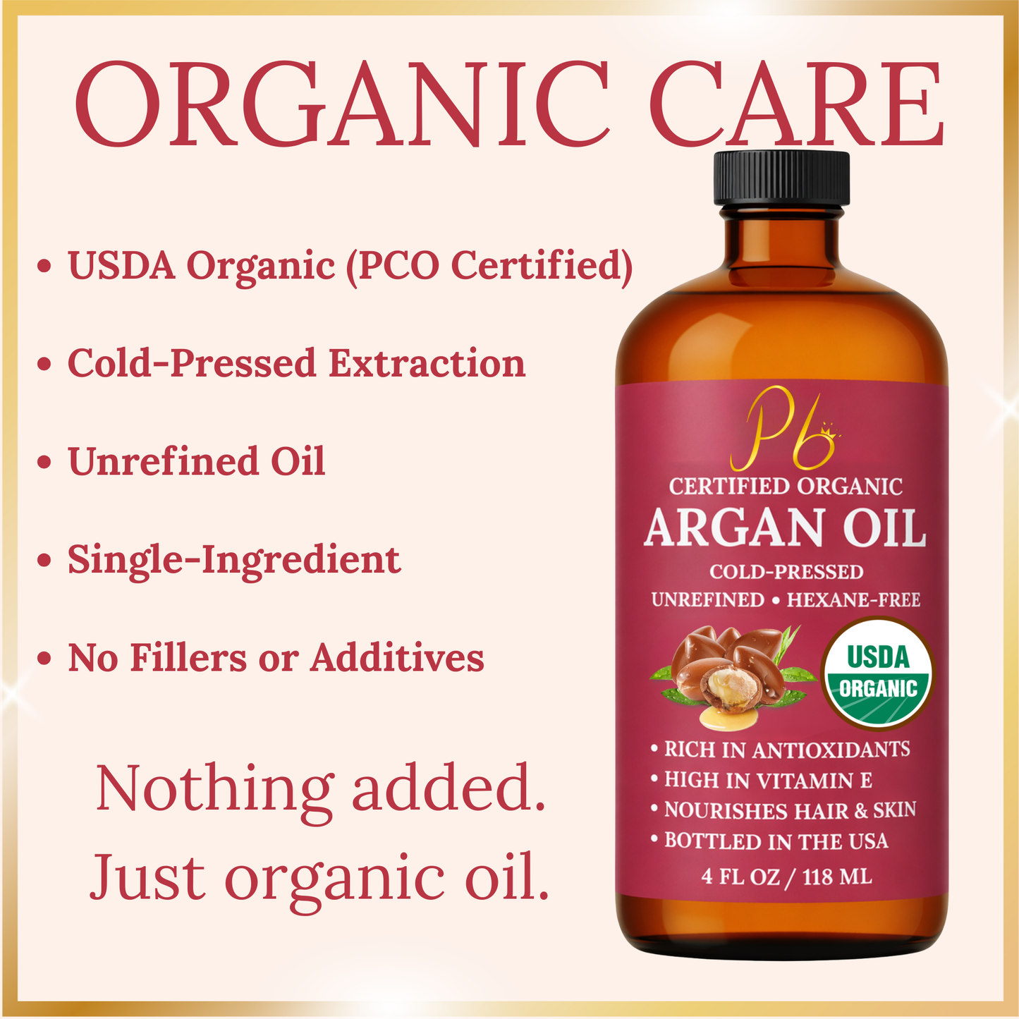 Pomberries USDA Organic Argan Oil 4 fl oz – Cold-Pressed, Unrefined Moroccan Argan Oil for Hair & Skin – Glass Bottle