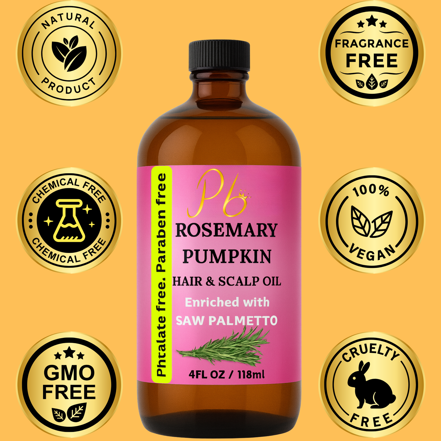 Rosemary Hair growth Oil,With Pumpkin Seed Oil,  Peppermint Essential Oil, Saw Palmetto Oil 4 fl oz