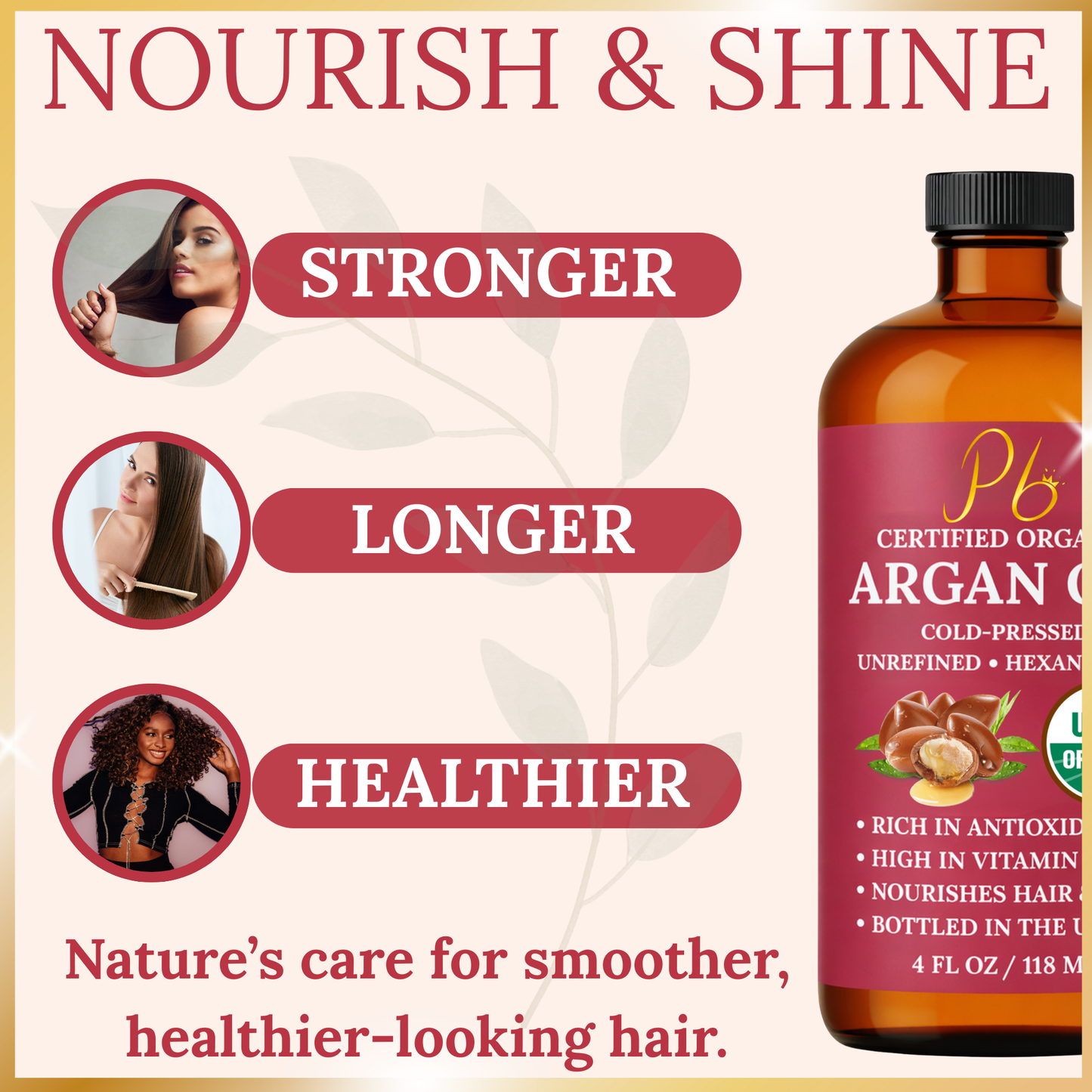 Pomberries USDA Organic Argan Oil 4 fl oz – Cold-Pressed, Unrefined Moroccan Argan Oil for Hair & Skin – Glass Bottle