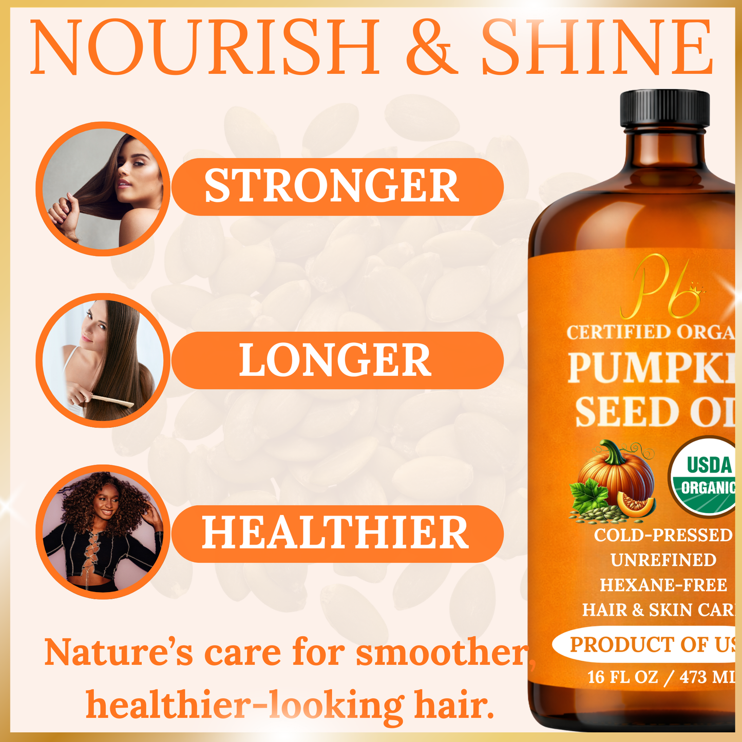 Pomberries Organic Pumpkin Seed Oil 16 fl oz Glass Bottle with Pump | USDA Certified | 100% Pure, Unrefined, Cold Pressed | Grown, Harvested & Bottled in USA | Moisturizer for Hair Growth, Dry Skin & Face