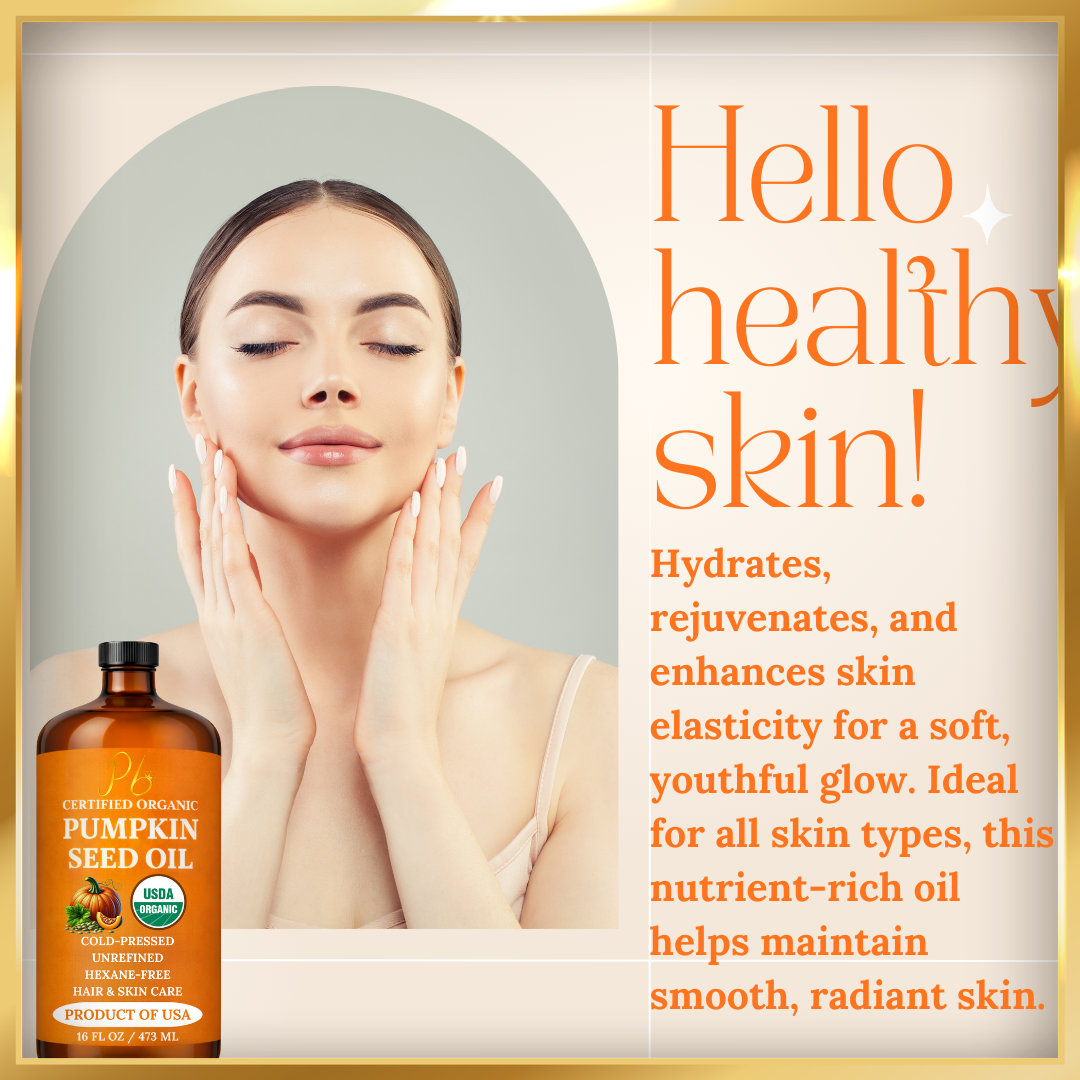 Pomberries Organic Pumpkin Seed Oil 16 fl oz Glass Bottle with Pump | USDA Certified | 100% Pure, Unrefined, Cold Pressed | Grown, Harvested & Bottled in USA | Moisturizer for Hair Growth, Dry Skin & Face