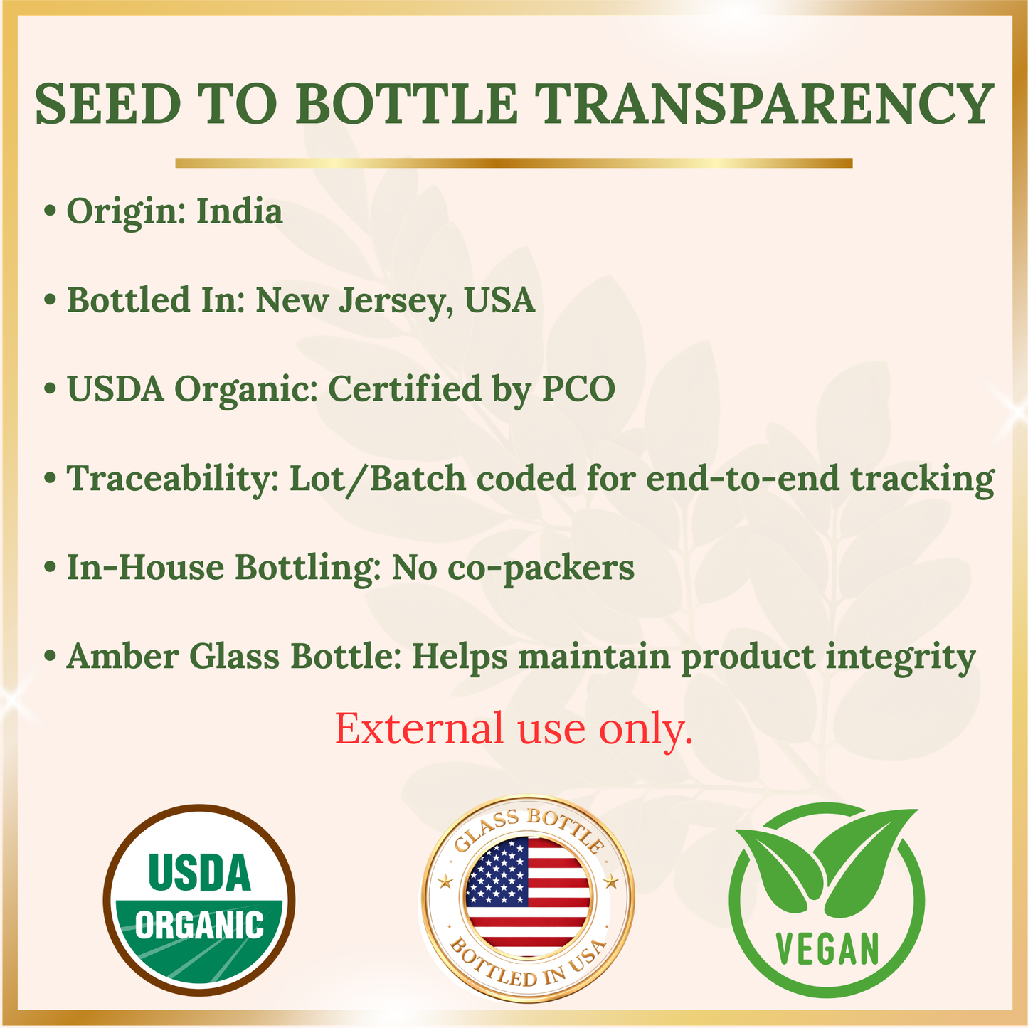 Pomberries USDA Organic Moringa Oil 16 fl oz – Cold-Pressed, Unrefined, Hexane-Free – Hair & Skin Oil – Glass Bottle with Pump – Bottled in USA
