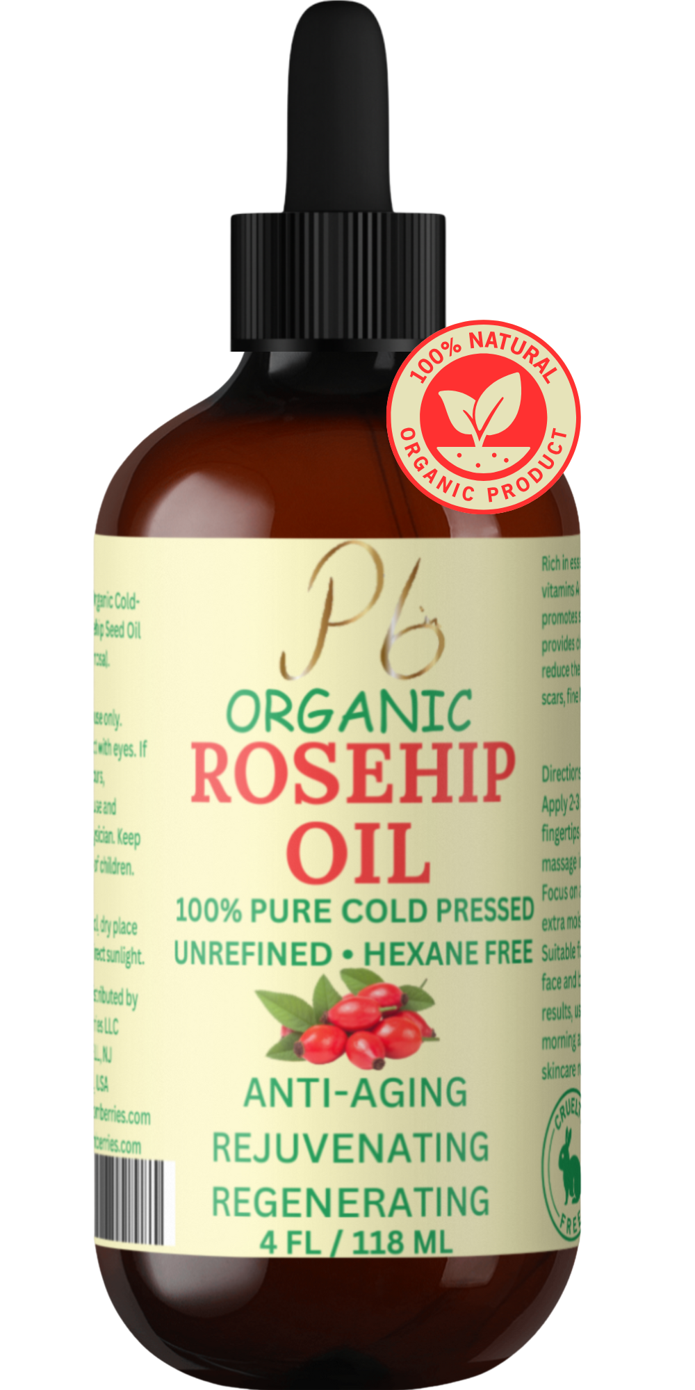 Organic Rosehip Oil for Face & Skin – 4 fl oz | Cold-Pressed Rose Hip Seed Oil | Anti-Aging Facial Oil | Reduces Wrinkles | Rich in Vitamin C, Retinol & Fatty Acids | Glass Bottle