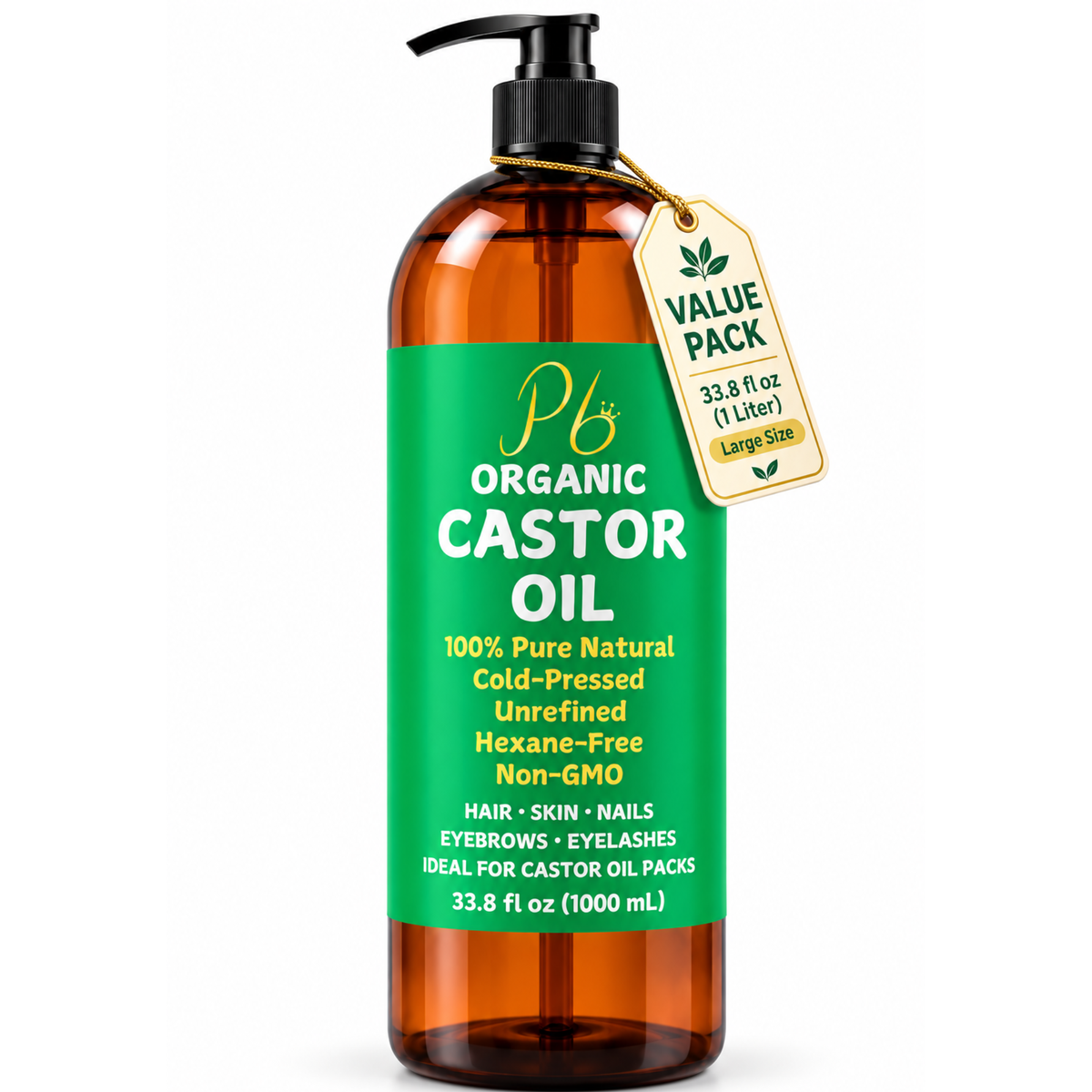 Organic Castor Oil – Bulk Size 33.8 fl oz (1 Liter), 100% Pure, Cold-Pressed, Unrefined &amp; Hexane-Free | Hair Growth Oil, Eyelash &amp; Eyebrow Serum, Skin &amp; Scalp Moisturizer, Carrier Oil, Castor Oil Pack Wrap