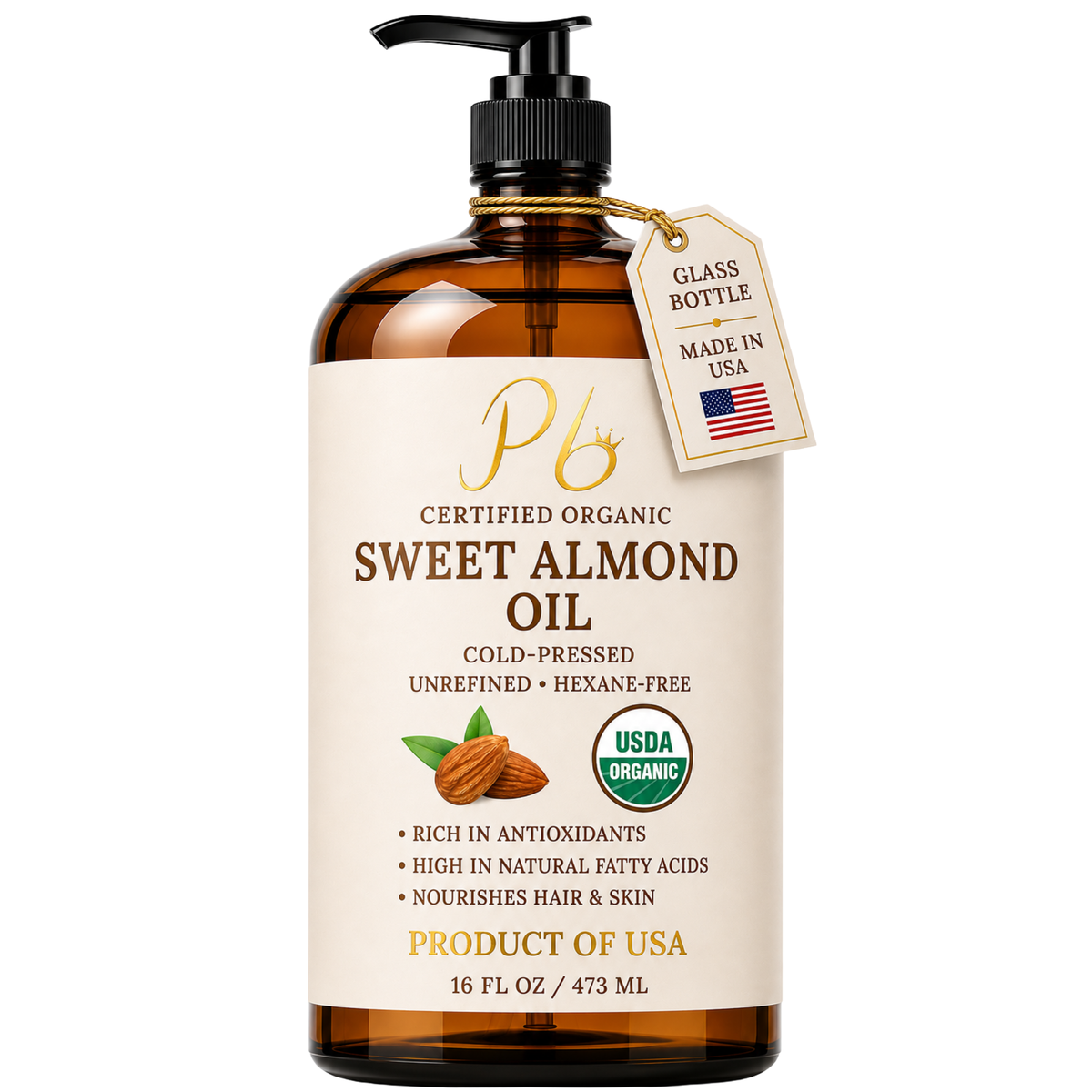 Organic Sweet Almond Oil for Hair & Skin – USDA Organic, Cold-Pressed, Unrefined – California Grown Almond Oil Bottled in USA – 16 fl oz Glass Bottle