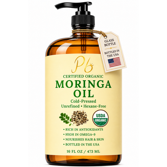 Pomberries USDA Organic Moringa Oil 16 fl oz – Cold-Pressed, Unrefined, Hexane-Free – Hair & Skin Oil – Glass Bottle with Pump – Bottled in USA