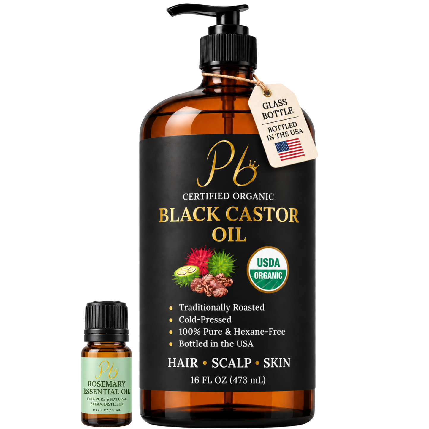 Pomberries USDA Organic Black Castor Oil 16 Fl Oz + Rosemary Essential Oil 10 mL