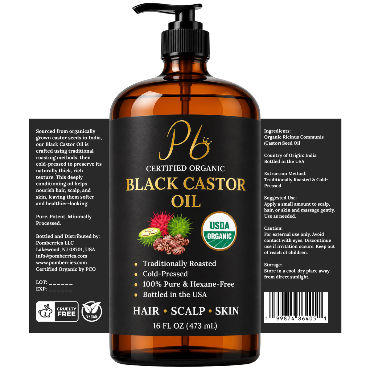 Pomberries USDA Organic Black Castor Oil 16 Fl Oz + Rosemary Essential Oil 10 mL