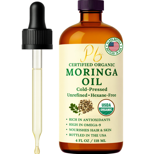 Pomberries USDA Organic Moringa Oil 4 fl oz – Cold-Pressed, Unrefined Moringa Seed Oil for Hair & Skin – Glass Bottle