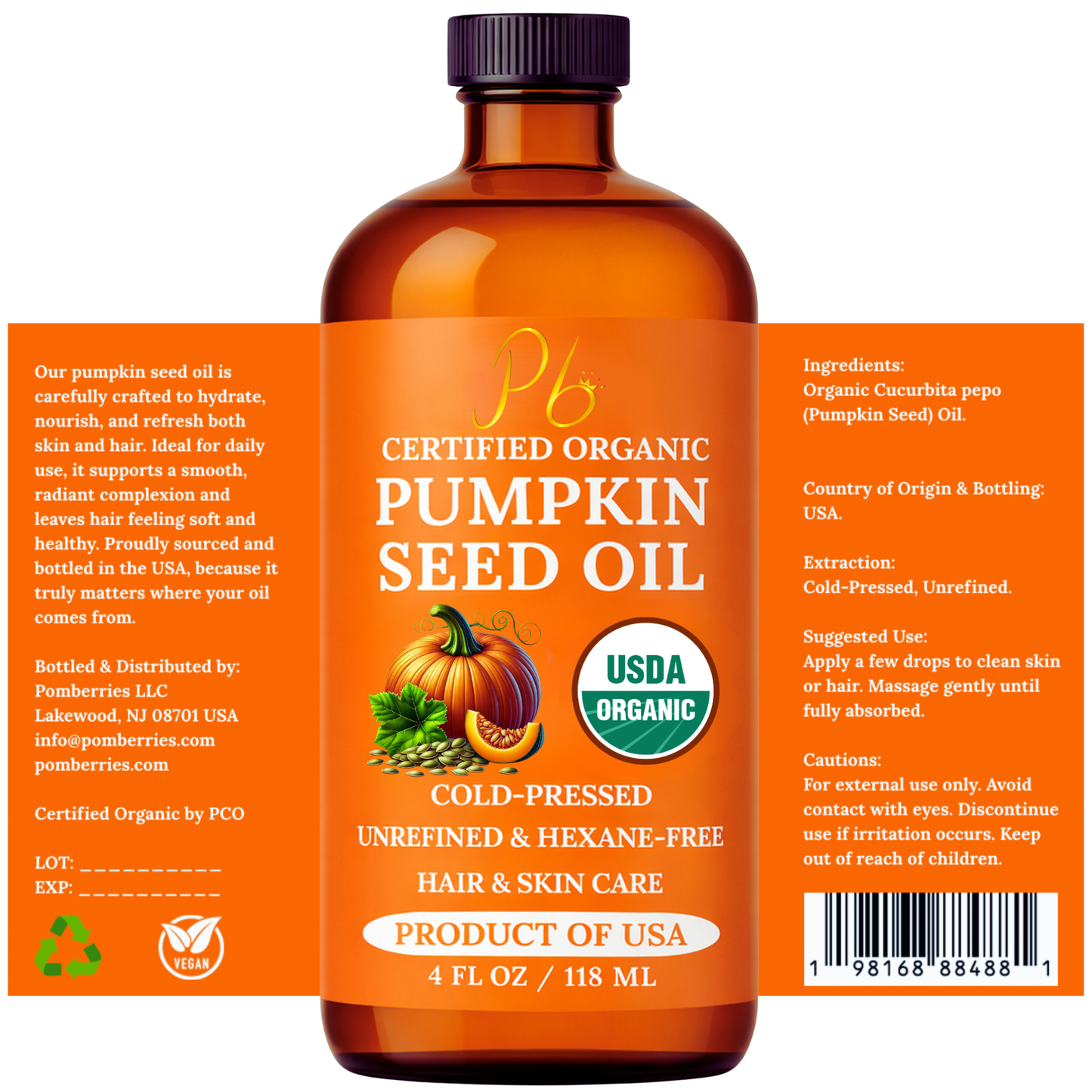 Pomberries USDA Organic Pumpkin Seed Oil 4 fl oz – Cold-Pressed, Unrefined – Hair & Skin Oil – Glass Bottle – Product of USA