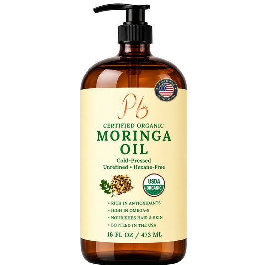 Pomberries USDA Organic Moringa Oil 16 fl oz – Cold-Pressed, Unrefined, Hexane-Free – Hair & Skin Oil – Glass Bottle with Pump – Bottled in USA