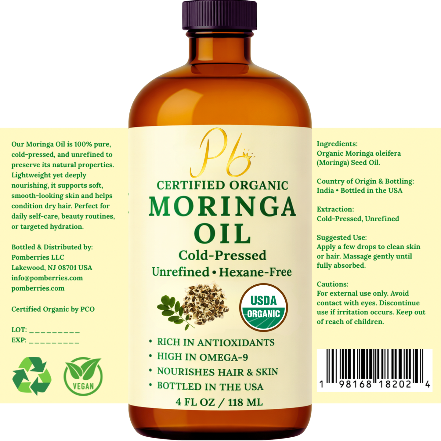 Pomberries USDA Organic Moringa Oil 4 fl oz – Cold-Pressed, Unrefined Moringa Seed Oil for Hair & Skin – Glass Bottle