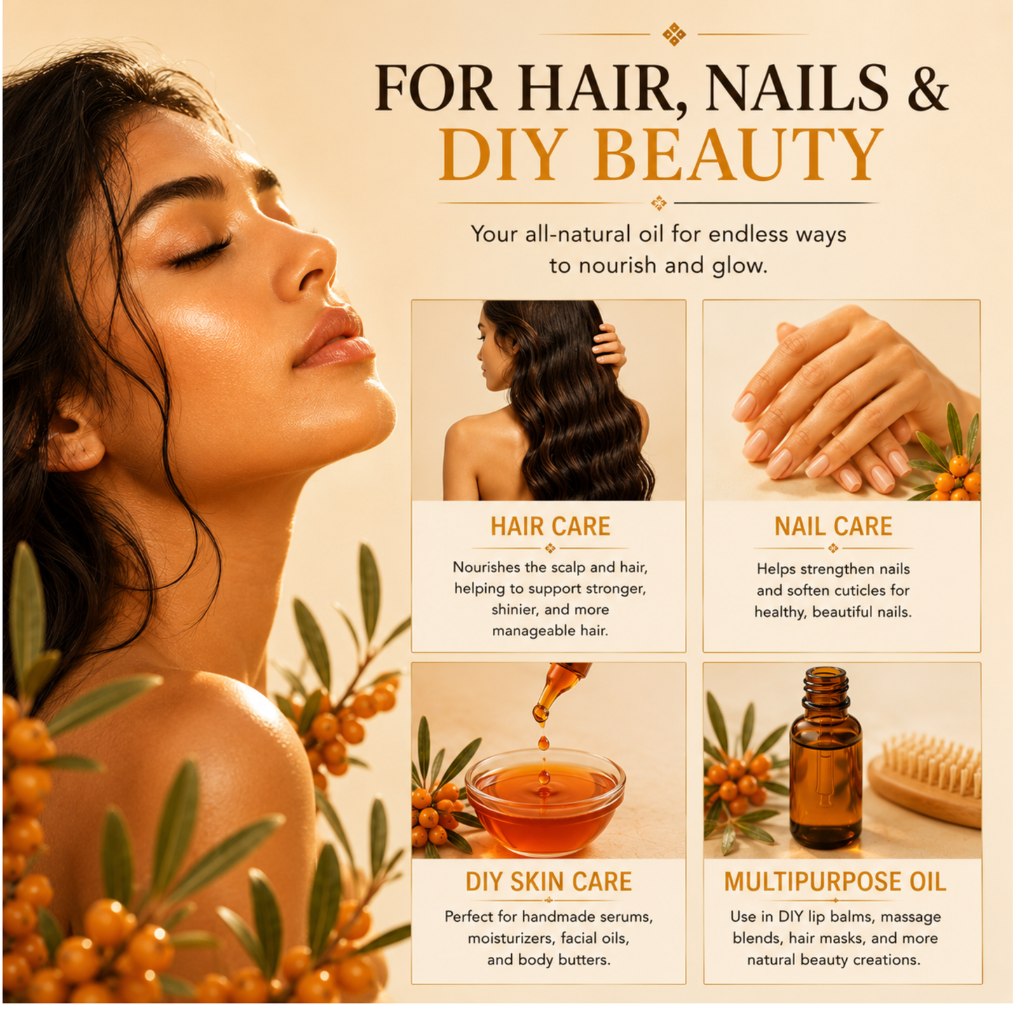 Sea Buckthorn Seed Oil – 100% Pure, Cold-Pressed & Unrefined | Natural Moisturizer for Face, Hair, Skin & Nails – Radiance & Youthful Glow – 2 fl oz Amber Glass Bottle
