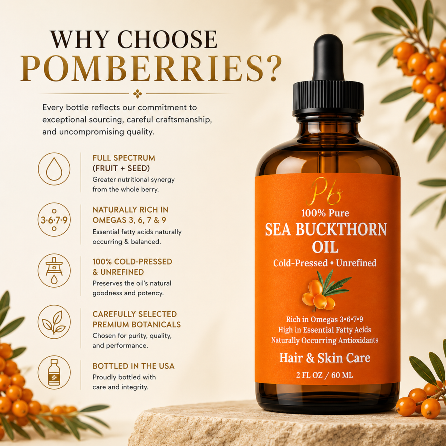 Sea Buckthorn Seed Oil – 100% Pure, Cold-Pressed & Unrefined | Natural Moisturizer for Face, Hair, Skin & Nails – Radiance & Youthful Glow – 2 fl oz Amber Glass Bottle