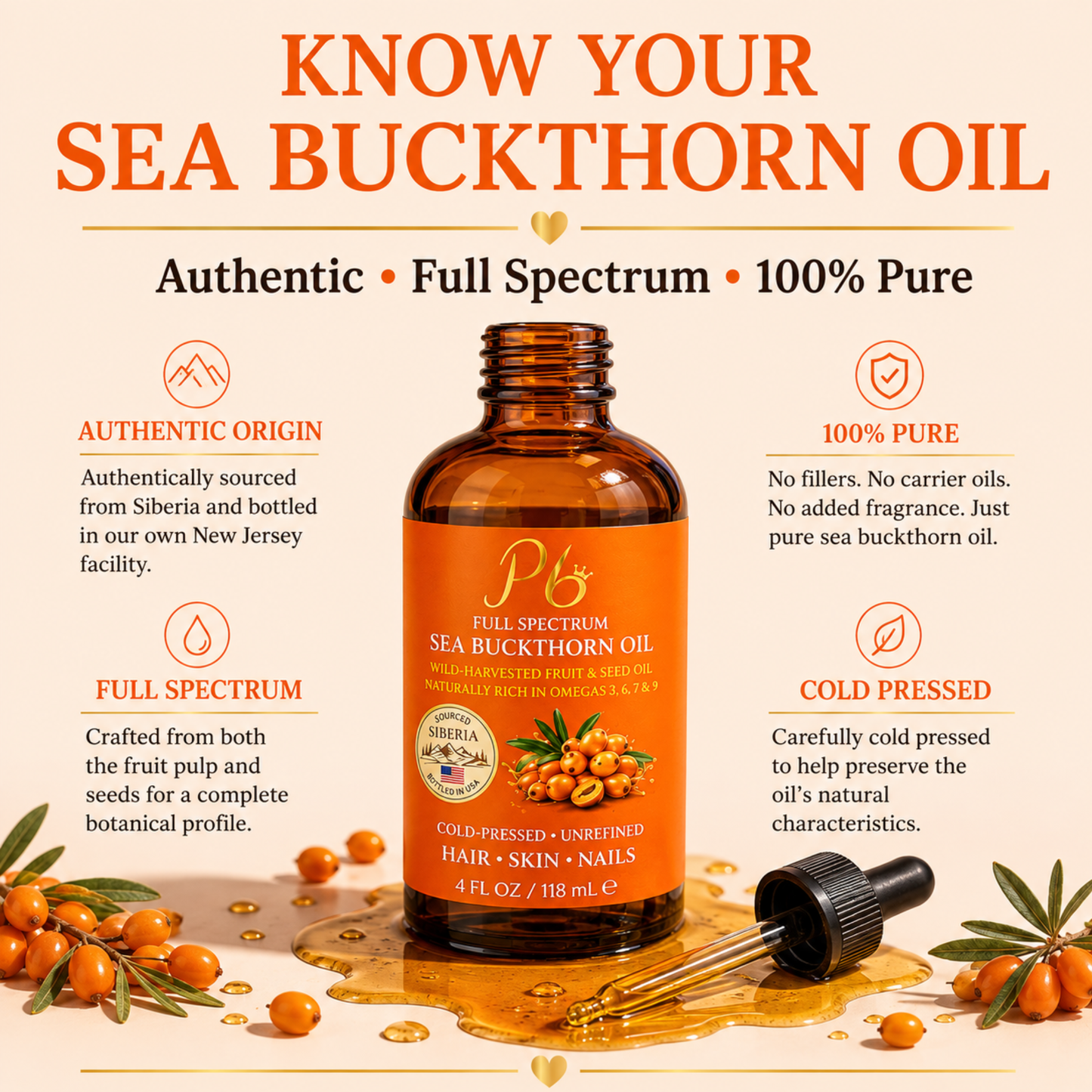 Pomberries Sea Buckthorn Face Oil | 4 fl oz Amber Glass | Unrefined, Cold-Pressed, Helps Reduce Fine Lines, Supports Radiant Skin