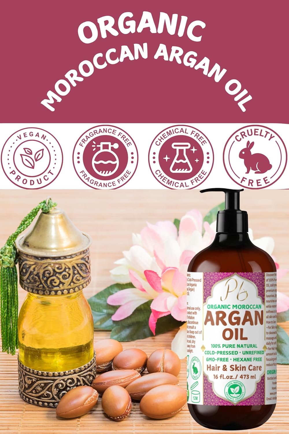 Pomberries Organic Moroccan Argan Oil – 100% Pure Argan Oil, Cold Pressed, Extra Virgin, Unrefined, Argan Oil for Hair, Face, Skin, Scalp & Body, Argan Hair Treatment, Glass Bottle with Pump 16 fl oz