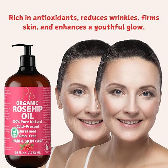 Pomberries Organic Rosehip Seed Oil, 100% Pure & Cold-Pressed, Natural Face Oil for Anti-Aging, Scar Treatment, Skin Moisturizer & Hair Care - Extra Virgin Rosehip Oil 16 fl oz Bulk Glass Bottle with Pump