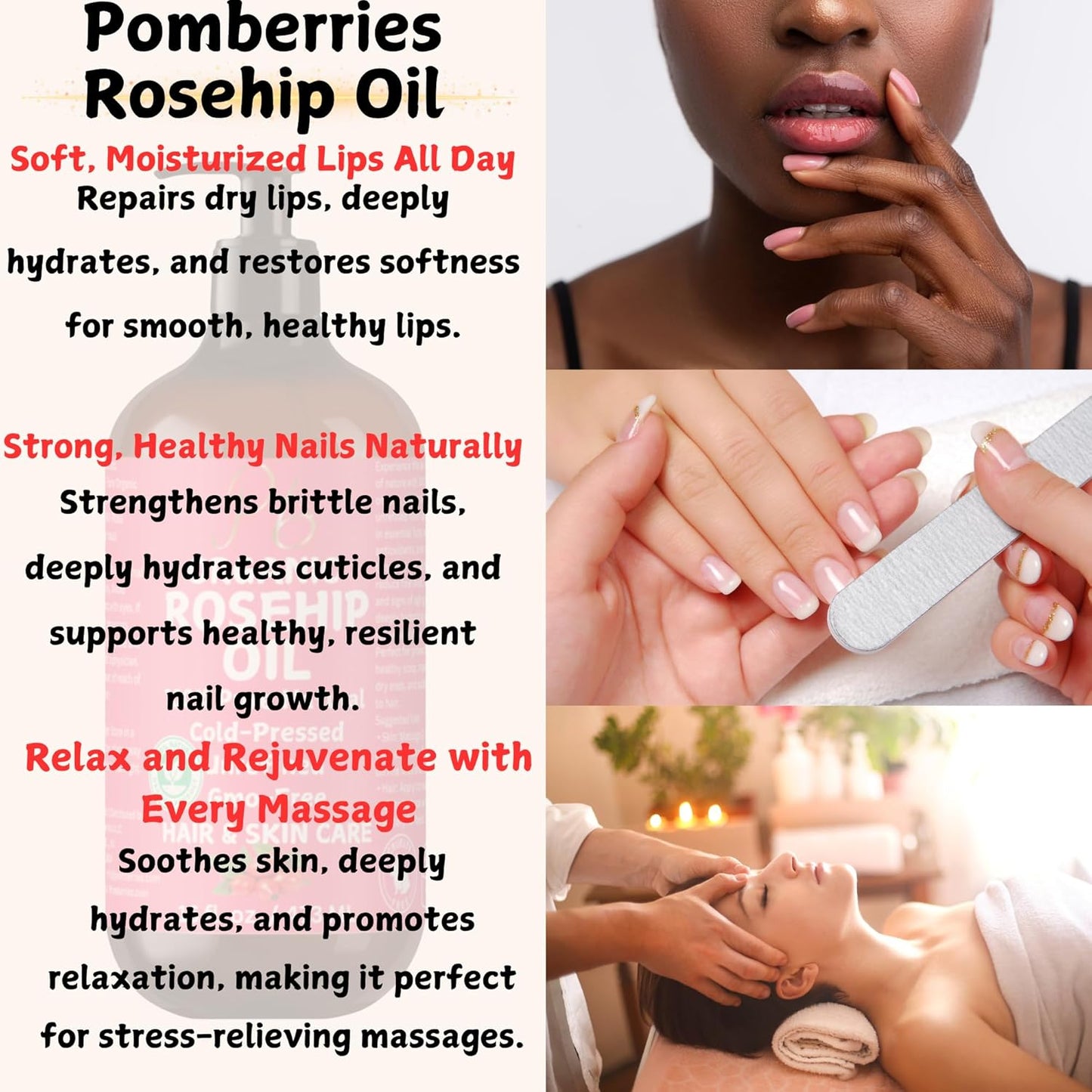 Pomberries Organic Rosehip Seed Oil, 100% Pure & Cold-Pressed, Natural Face Oil for Anti-Aging, Scar Treatment, Skin Moisturizer & Hair Care - Extra Virgin Rosehip Oil 16 fl oz Bulk Glass Bottle with Pump