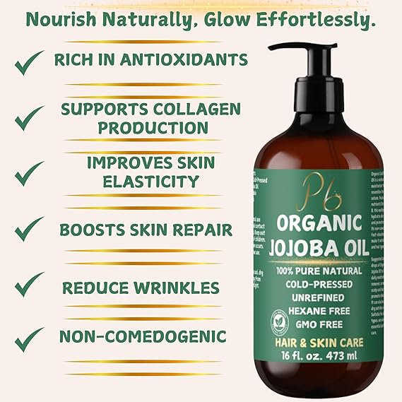 Pomberries Organic Jojoba Oil, 100% Pure & Natural Cold-Pressed Oil for Face, Body, Hair & Nails - Hexane-Free Carrier Oil, Anti-Aging, Skin Moisturizer & Hair Growth - 16 fl oz Bulk Glass Bottle with Pump